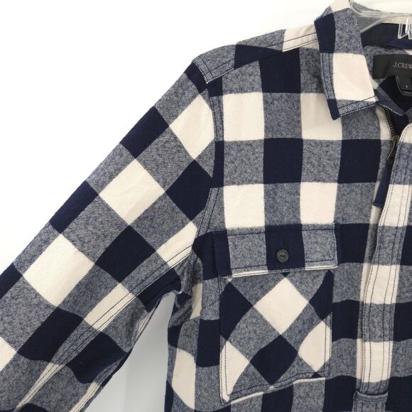 J. Crew wool blend buffalo plaid half zip shacket pullover Size S navy outdoor - Picture 3 of 10